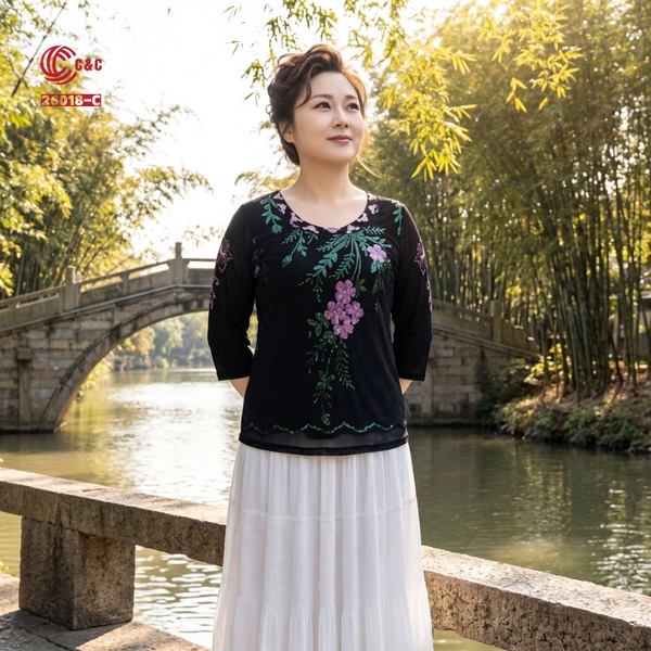 26018 - Áo Tay Lỡ Thêu Hoa Lá Kim Sa Đính Đá Pha Lê