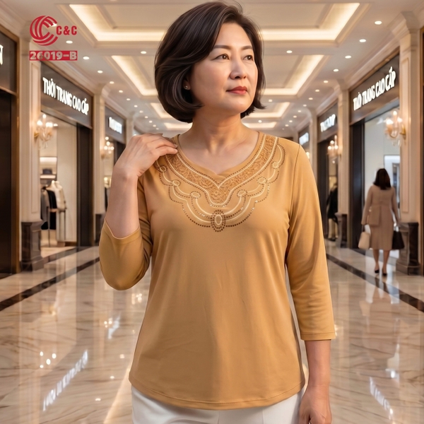 26019 - Áo Tay Lỡ Cổ Tim Phối Ren Thêu Đá