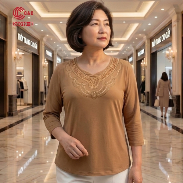 26019 - Áo Tay Lỡ Cổ Tim Phối Ren Thêu Đá