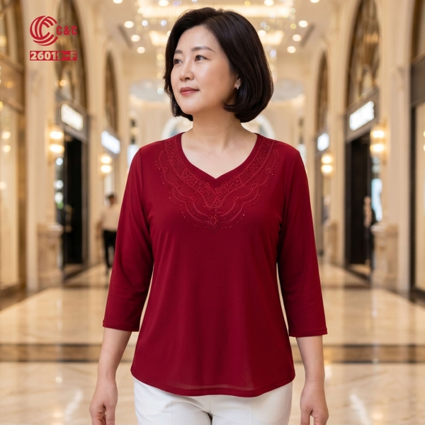 26019 - Áo Tay Lỡ Cổ Tim Phối Ren Thêu Đá