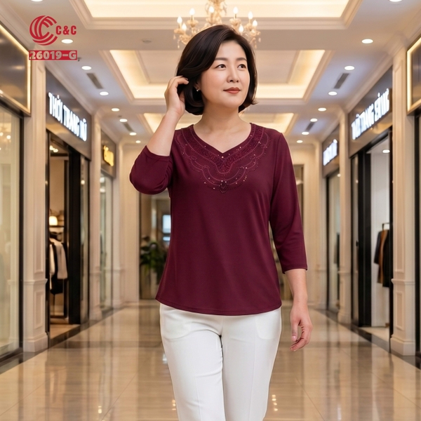 26019 - Áo Tay Lỡ Cổ Tim Phối Ren Thêu Đá