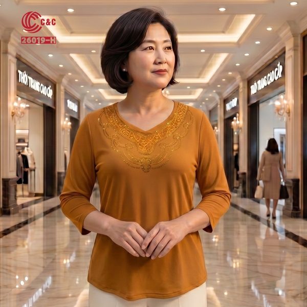 26019 - Áo Tay Lỡ Cổ Tim Phối Ren Thêu Đá