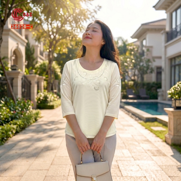 26020 - Áo Cổ Tròn Tay Lỡ Thêu Hoa Lá Đính Đá Thủy Tinh