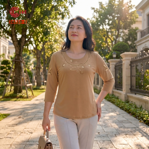 26020 - Áo Cổ Tròn Tay Lỡ Thêu Hoa Lá Đính Đá Thủy Tinh