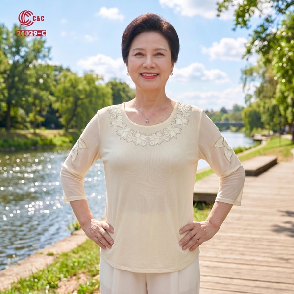 26029 - Áo Tay Lỡ Thêu Lá Viền Cổ Phối Hoa Năm Cánh Đính Đá