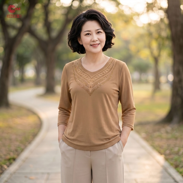 26030 - Áo Cổ Tròn Tay Lỡ Thêu Họa Tiết Hoa Văn Phối Đá Thủy Tinh