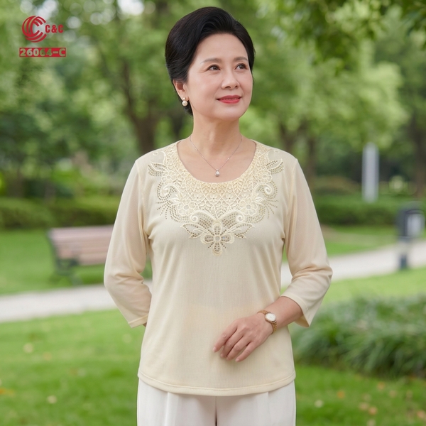 26064 - Áo Tay Lỡ Cổ Tròn Ren Lưới Thêu Hoa Ép Đá