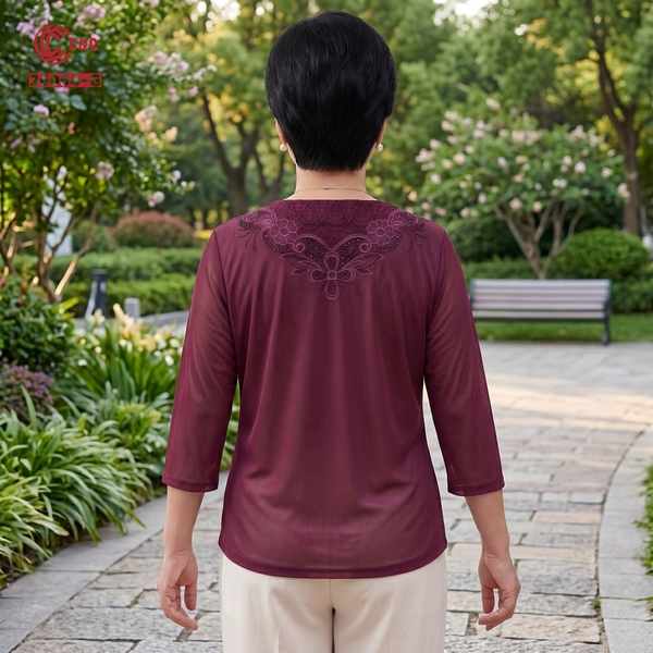 26064 - Áo Tay Lỡ Cổ Tròn Ren Lưới Thêu Hoa Ép Đá