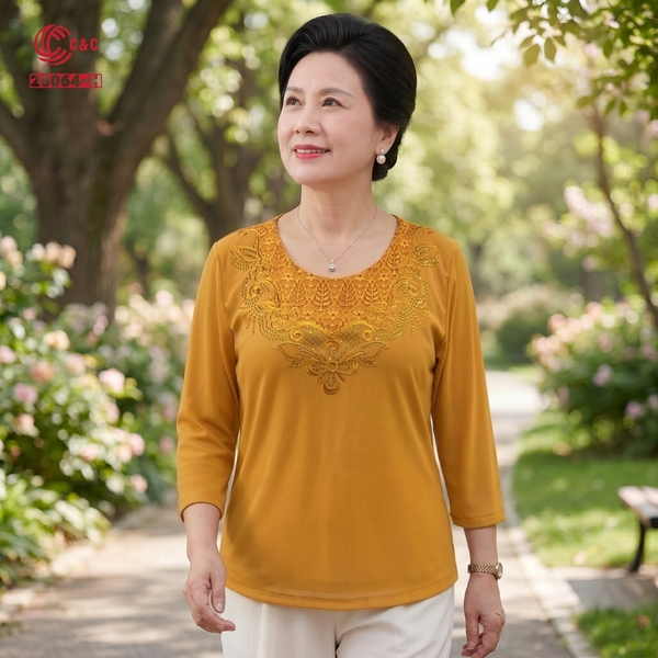 26064 - Áo Tay Lỡ Cổ Tròn Ren Lưới Thêu Hoa Ép Đá