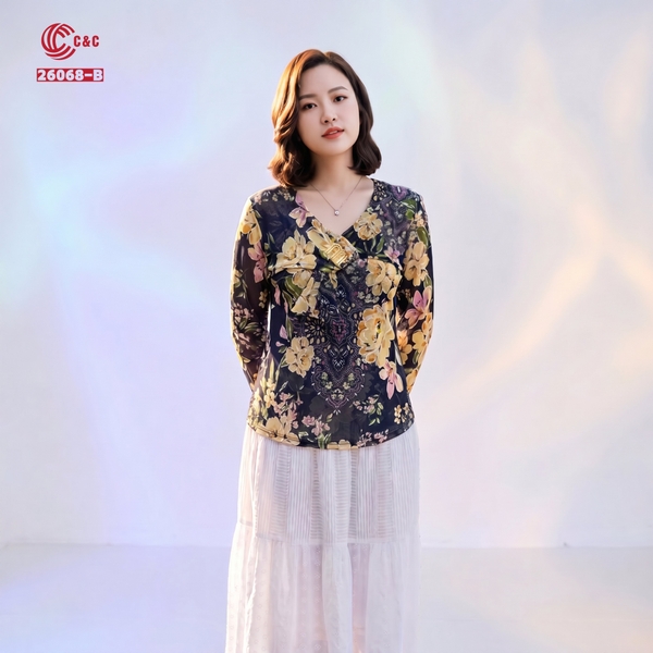 26068 - Áo Tay Dài Cổ V Cách Điệu Thắt Nơ Đính Khoen Cao Cấp