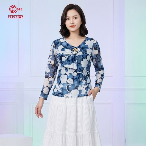 26068 - Áo Tay Dài Cổ V Cách Điệu Thắt Nơ Đính Khoen Cao Cấp