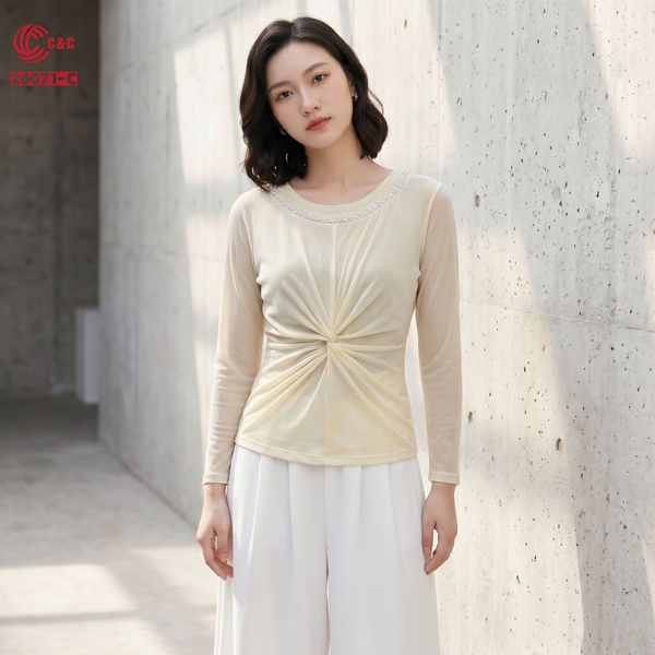 26071 - Áo Cổ Tròn Tay Dài Đính Cườm Xoắn Xếp Ly Tôn Dáng
