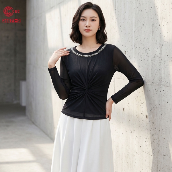 26071 - Áo Cổ Tròn Tay Dài Đính Cườm Xoắn Xếp Ly Tôn Dáng