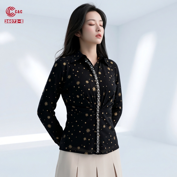 26072 - Áo Sơ Mi Draping Họa Tiết Kim Tuyến Cườm Ngọc Trai