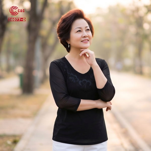 26077 - Cổ Tròn Phối Ren Thêu Hoa Đính Đá Viền Cổ