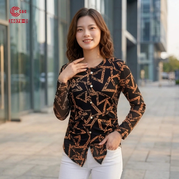 26078 - Áo Cổ Tròn Tay Dài Xẻ Tà Họa Tiết Tam Giác Đính Đá