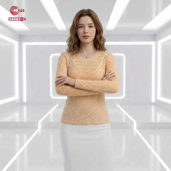 26085 - Áo Thun Gân Sóng Phối Hai Mặt Đính Đá Thanh Lịch