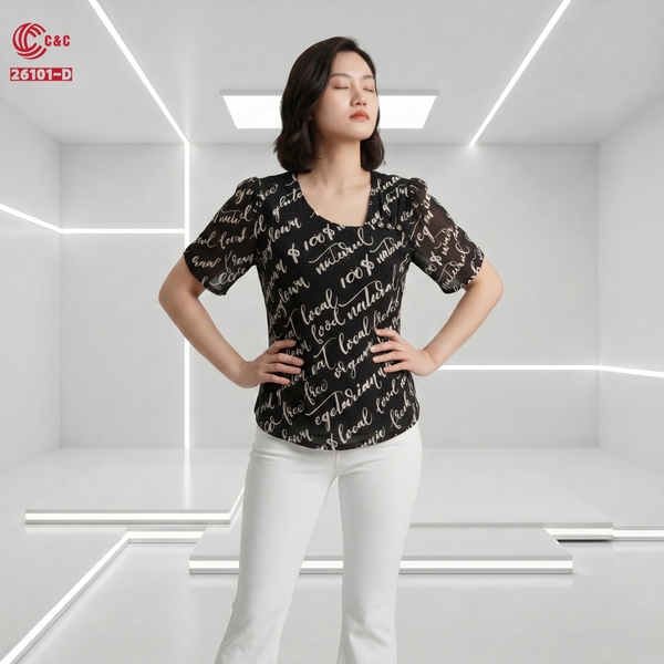 26101 - Áo Kiểu Tay Ngắn Cổ Lệch Nhún Vai Điểm Nút Kiểu