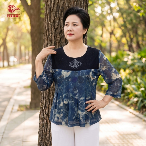 26111 - Áo Tay Lỡ Kiểu Peplum Thêu Tinh Thể Tuyết Đính Đá Pha Lê Đen