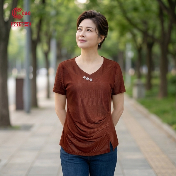26116 - Áo Thun Cổ Tim Tay Ngắn Thân Xếp Ly Một Bên