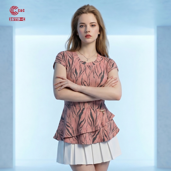 26119 - Áo Tay Ngắn Kiểu Peplum Thun Gân Họa Tiết Cài Ghim Ngọc Trai