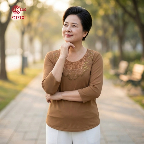 26121 - Áo Tay Lỡ Cổ Ren Thêu Hoa Cúc Đính Đá
