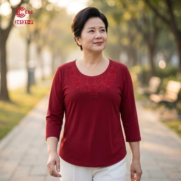 26121 - Áo Tay Lỡ Cổ Ren Thêu Hoa Cúc Đính Đá