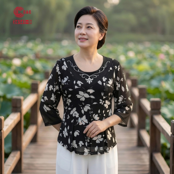 26141 - Áo Tay Lỡ In Hoa Xếp Ly Thêu Phối Đính Đá Pha Lê