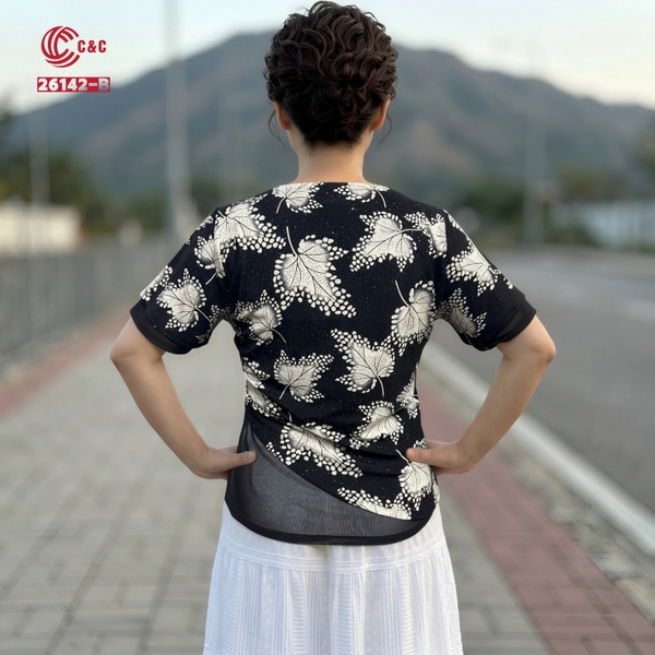 26142 - Thiết Kế Độc Đáo Cổ Tròn Tay Ngắn Cách Điệu Phối Thêu Đính Đá