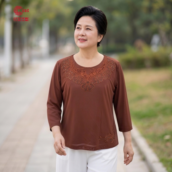 26164 - Áo Kiểu Tay Lỡ Cổ Tròn Thêu Hoa Vũ Điệu Hoàng Kim