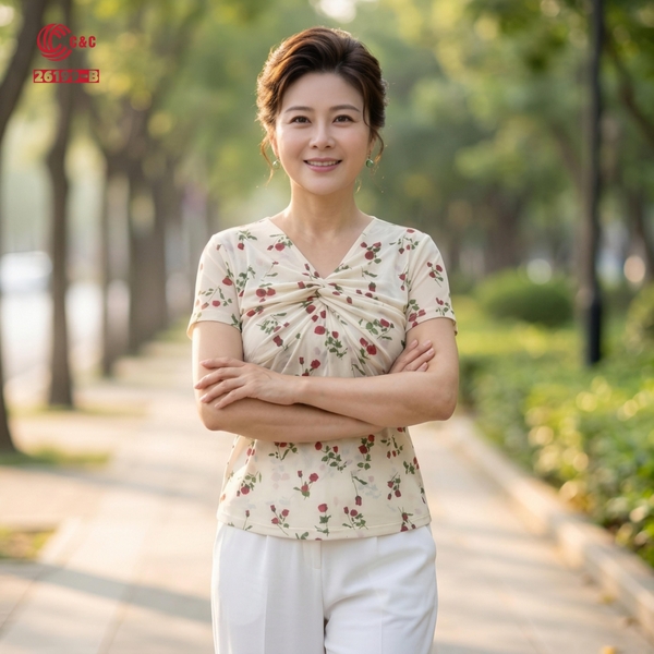 26199 - Áo Kiểu Tay Ngắn Cổ Tim Nhún Ngực Duyên Dáng