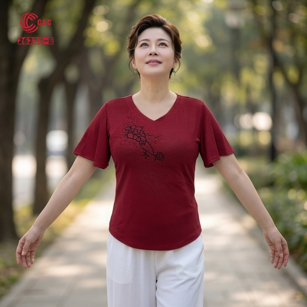 26222 - Áo Len Mịn Cổ Tim Tay Xòe Rũ Thêu Hoa Ép Đá