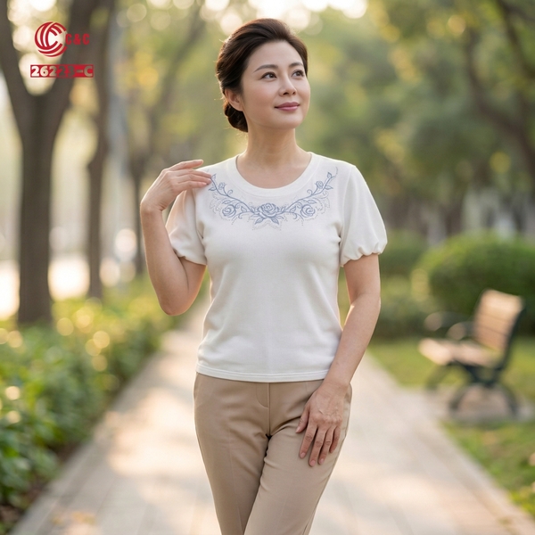 26223 - Cổ Tròn Tay Phồng Ngắn Thêu Hoa Hồng Phối Đá