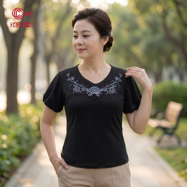 26223 - Cổ Tròn Tay Phồng Ngắn Thêu Hoa Hồng Phối Đá