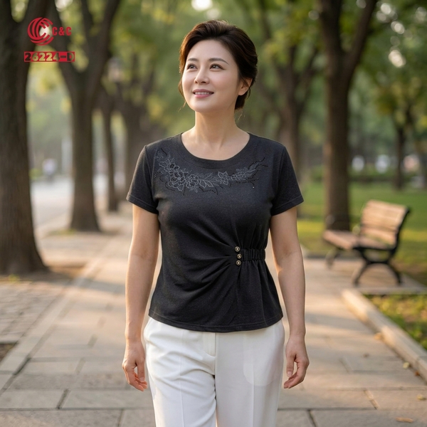 26224 - Áo Kiểu Peplum Tay Ngắn Thêu Hoa Đính Đá Ánh Sương