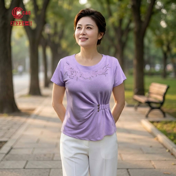 26224 - Áo Kiểu Peplum Tay Ngắn Thêu Hoa Đính Đá Ánh Sương