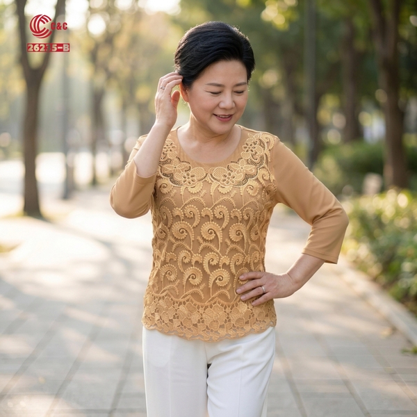 26235 - Áo Tay Lỡ Cổ Tròn Phối Vải Lưới Dẻo Và Ren Chân Bông Thêu Hoa Đính Đá