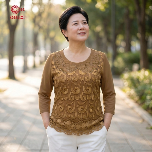 26235 - Áo Tay Lỡ Cổ Tròn Phối Vải Lưới Dẻo Và Ren Chân Bông Thêu Hoa Đính Đá