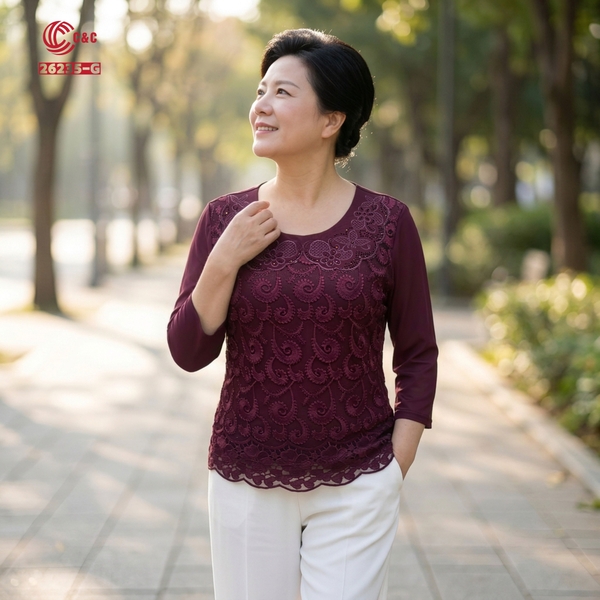 26235 - Áo Tay Lỡ Cổ Tròn Phối Vải Lưới Dẻo Và Ren Chân Bông Thêu Hoa Đính Đá