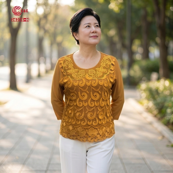 26235 - Áo Tay Lỡ Cổ Tròn Phối Vải Lưới Dẻo Và Ren Chân Bông Thêu Hoa Đính Đá