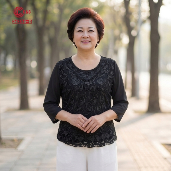 26236 - Áo Tay Lỡ Thêu Hoa Chín Cánh Đính Đá Pha Lê
