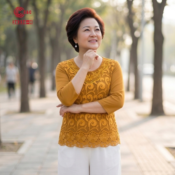 26236 - Áo Tay Lỡ Thêu Hoa Chín Cánh Đính Đá Pha Lê