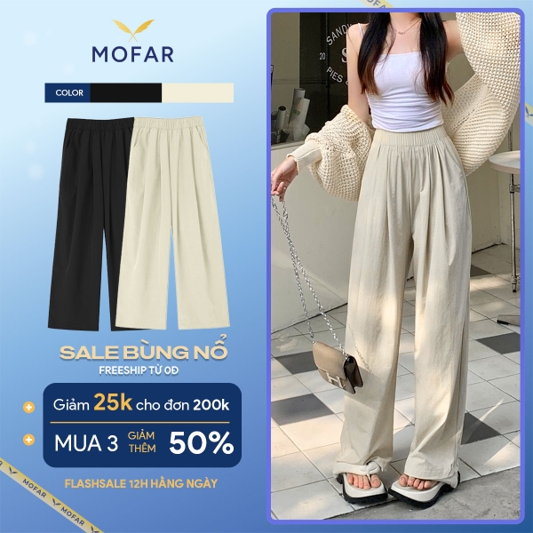 Quần suông ống rộng nữ cạp cao vải gió co dãn mềm mát MOFAR QS021
