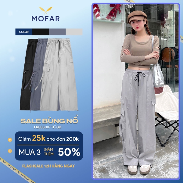 Quần ống rộng nữ cạp chun, quần ống túi hộp chất liệu gió hàn phối MOFAR QS023