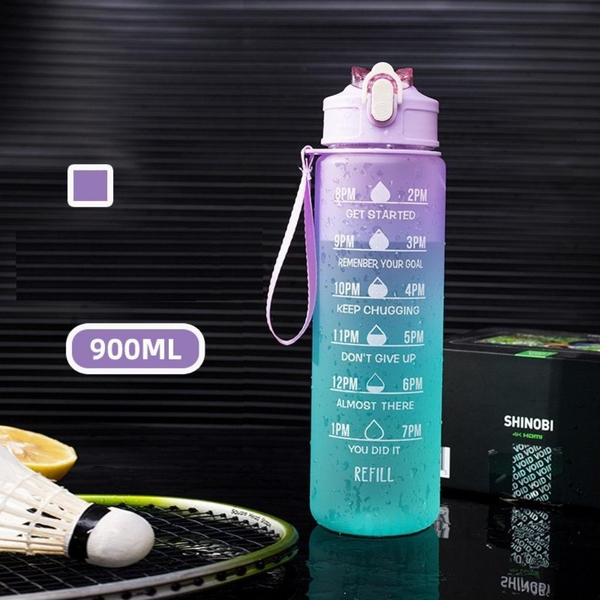 Bình nhắc nhở uống nước có ống hút, vạch chia màu | Dung tích 900ml