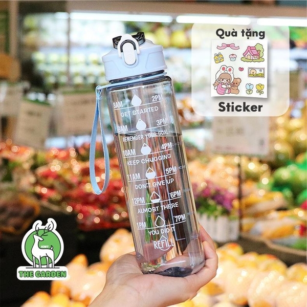 Bình nhắc nhở uống nước có ống hút, vạch chia màu | Dung tích 900ml
