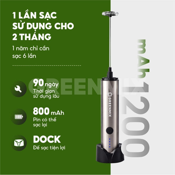 Máy tạo bọt cà phê microfoam, máy đánh trứng mini cầm tay THE GARDEN x GREENMIX GM-30 - 3 đầu đánh bọt, inox 304