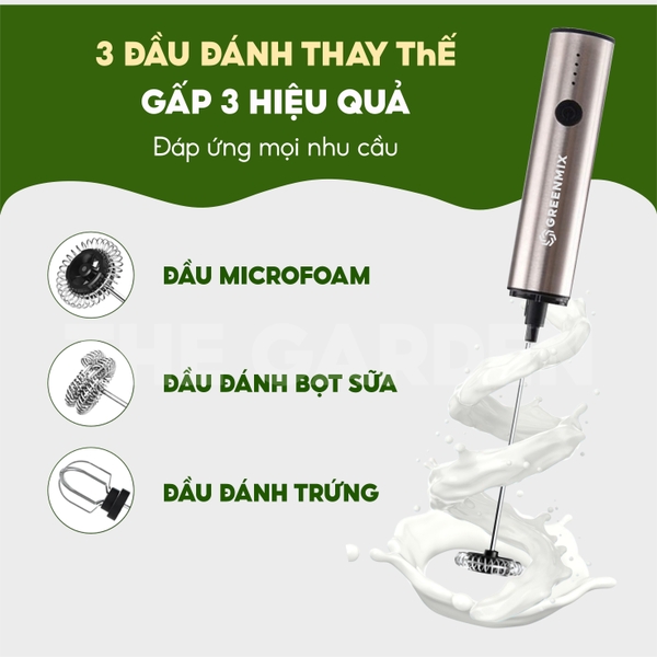 Máy tạo bọt cà phê microfoam, máy đánh trứng mini cầm tay THE GARDEN x GREENMIX GM-30 - 3 đầu đánh bọt, inox 304