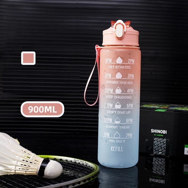 Bình nhắc nhở uống nước có ống hút, vạch chia màu | Dung tích 900ml