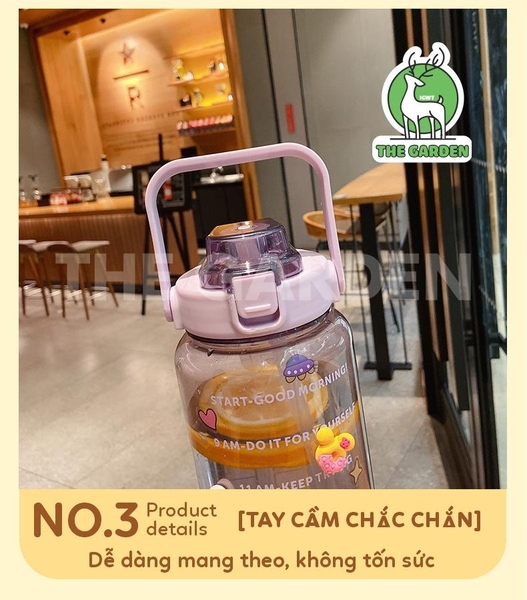 Bình nhắc nhở uống nước có ống hút, vạch chia màu | Dung tích 2000ml